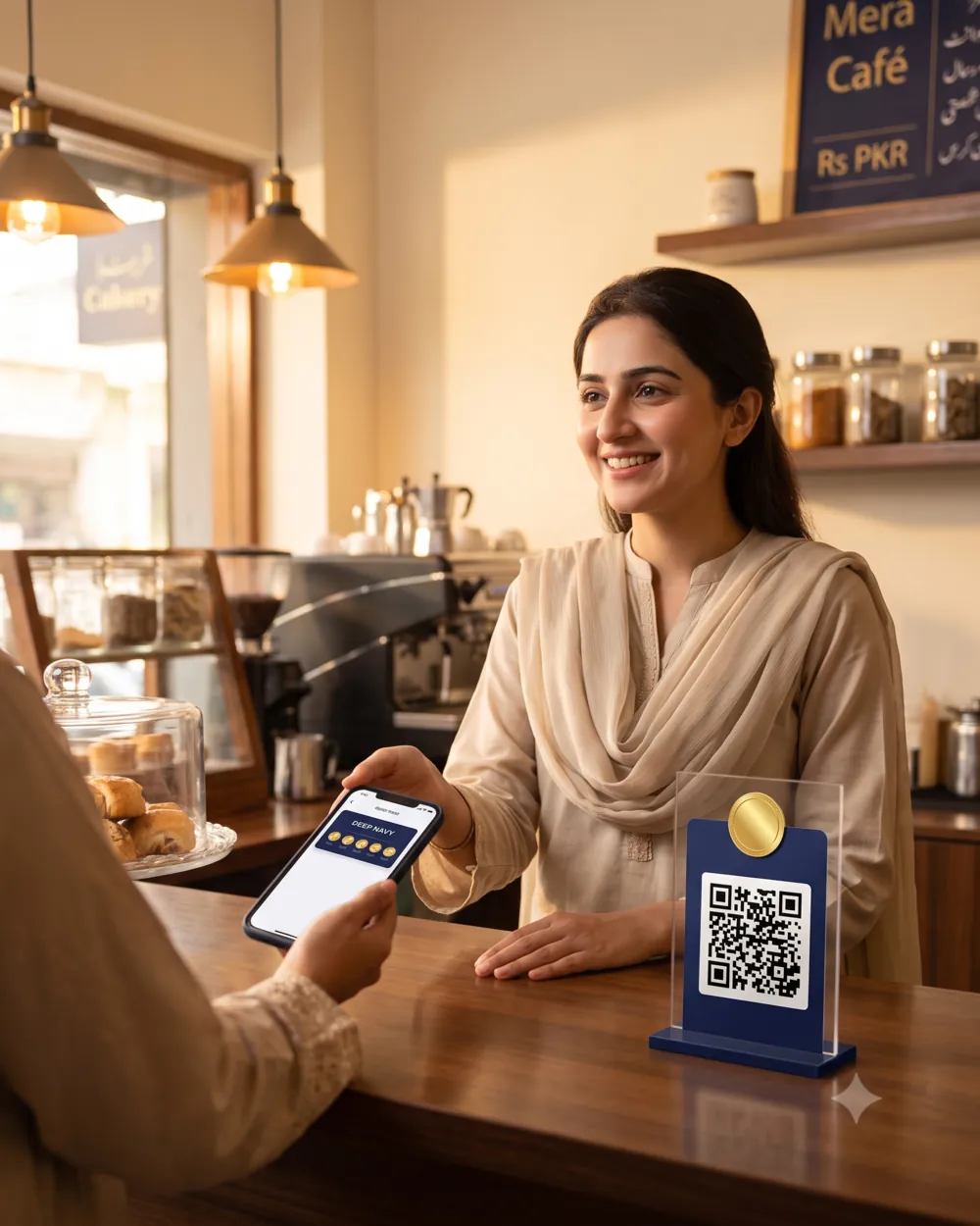 A shopkeeper at a Pakistani café counter handing a customer their phone showing a Sikka Wallet loyalty card